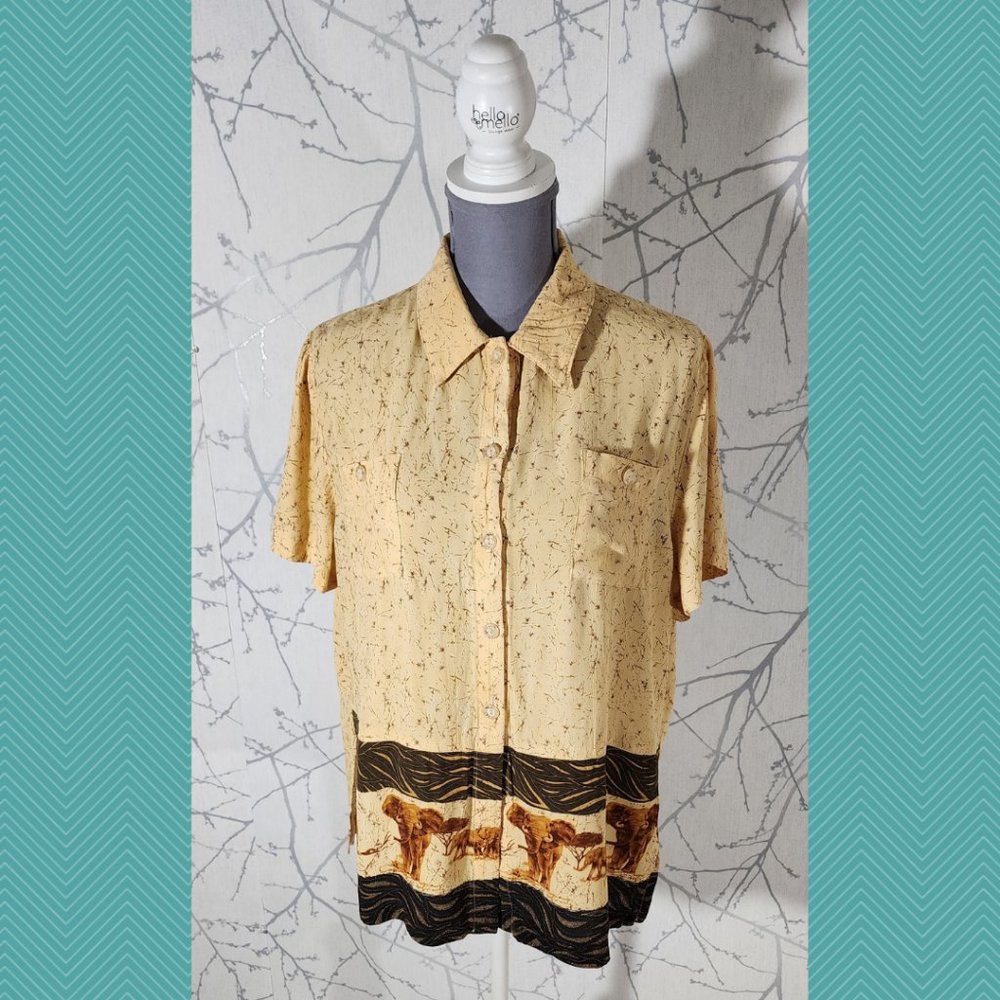 Farouche VTG Yellow Elephants Printed Button Front Shirt